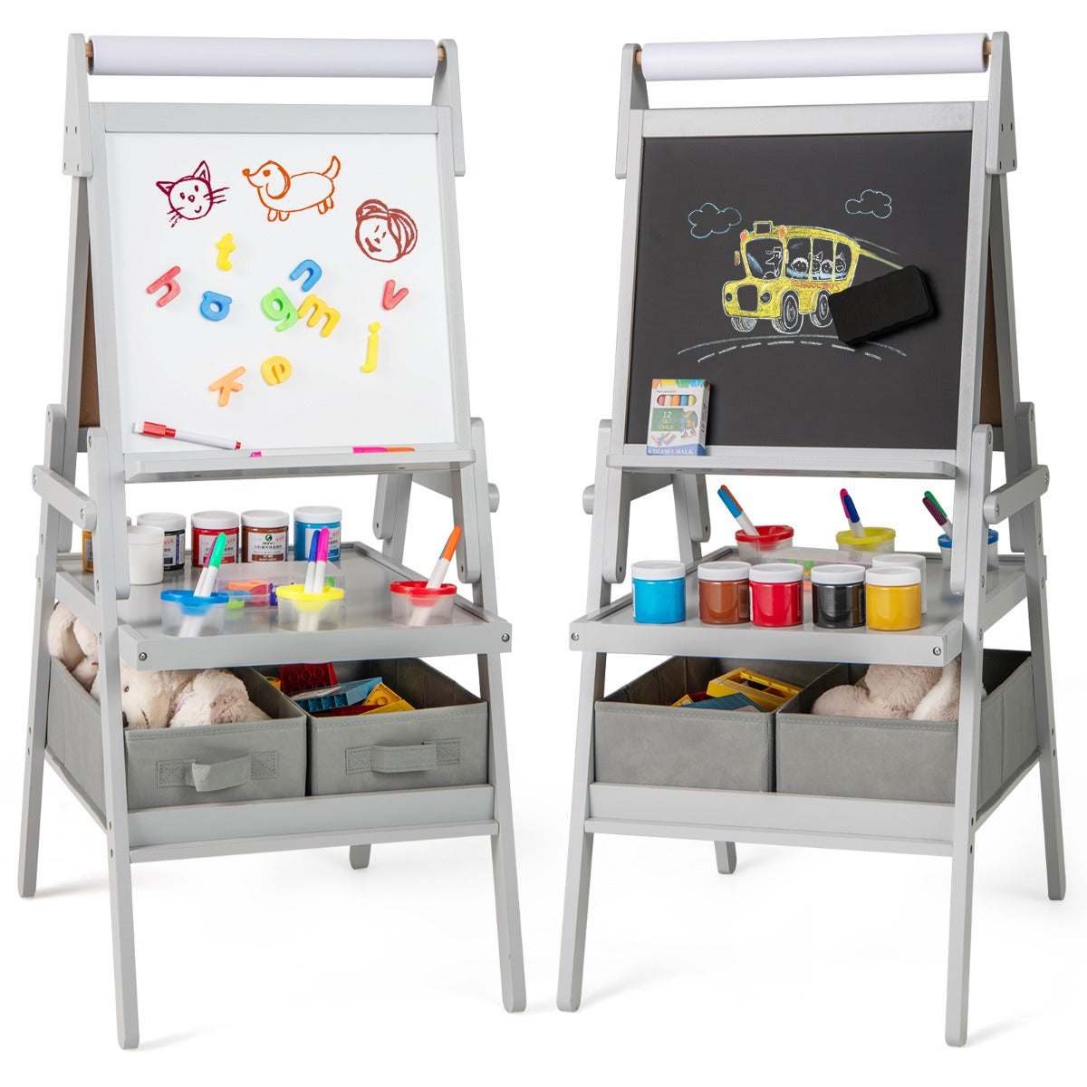 LIVSK 3-in-1 Kinder-ezel met Schoolbord en Whiteboard - Dubbelzijdig - Opbergbakken - Voor 3 tot 6 jaar - Wit/Roze/Groen/Grijs