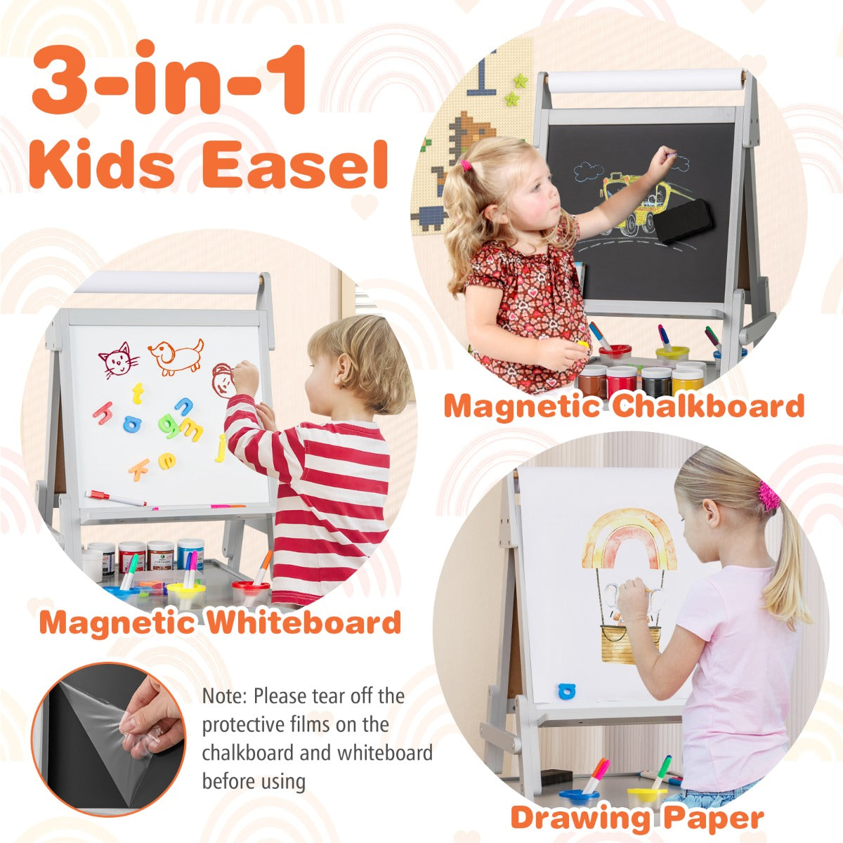 LIVSK 3-in-1 Kinder-ezel met Schoolbord en Whiteboard - Dubbelzijdig - Opbergbakken - Voor 3 tot 6 jaar - Wit/Roze/Groen/Grijs