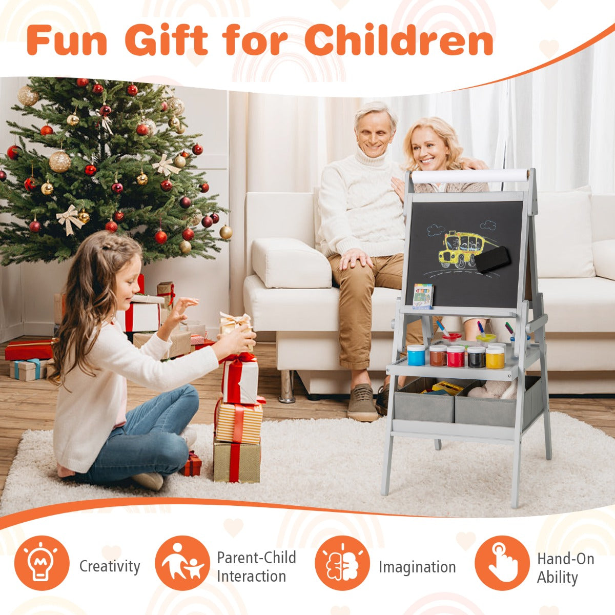 LIVSK 3-in-1 Kinder-ezel met Schoolbord en Whiteboard - Dubbelzijdig - Opbergbakken - Voor 3 tot 6 jaar - Wit/Roze/Groen/Grijs