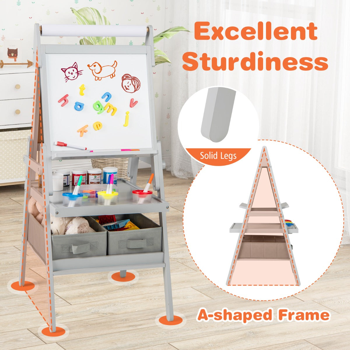 LIVSK 3-in-1 Kinder-ezel met Schoolbord en Whiteboard - Dubbelzijdig - Opbergbakken - Voor 3 tot 6 jaar - Wit/Roze/Groen/Grijs