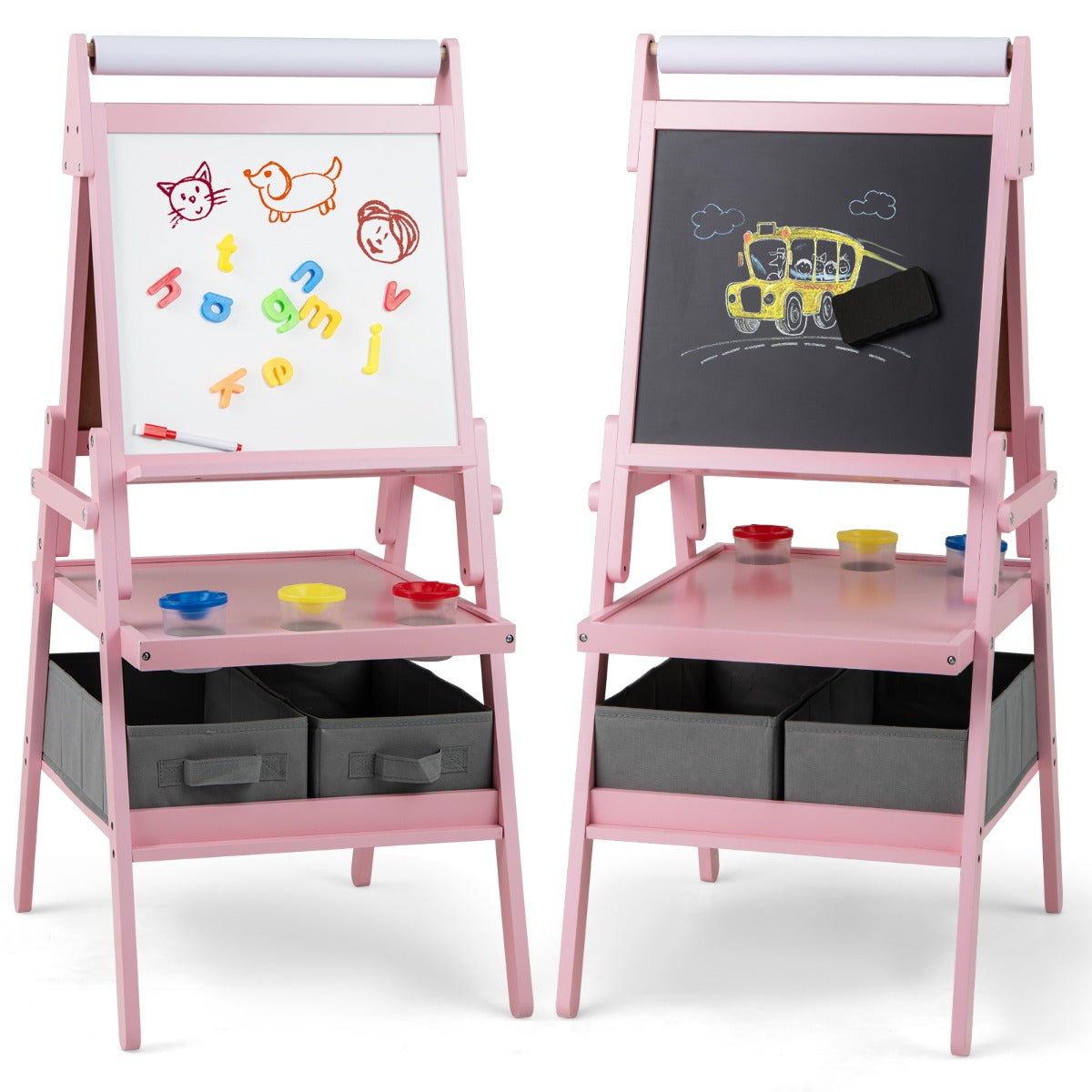 LIVSK 3-in-1 Kinder-ezel met Schoolbord en Whiteboard - Inclusief Opbergbakken en Papierrol - Voor 3-6 jaar - Wit/Roze