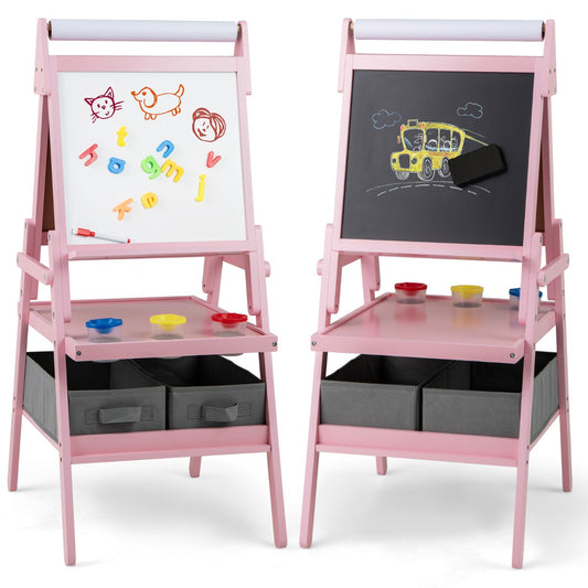 LIVSK 3-in-1 Kinder-ezel met Schoolbord en Whiteboard - Inclusief Opbergbakken en Papierrol - Voor 3-6 jaar - Wit/Roze