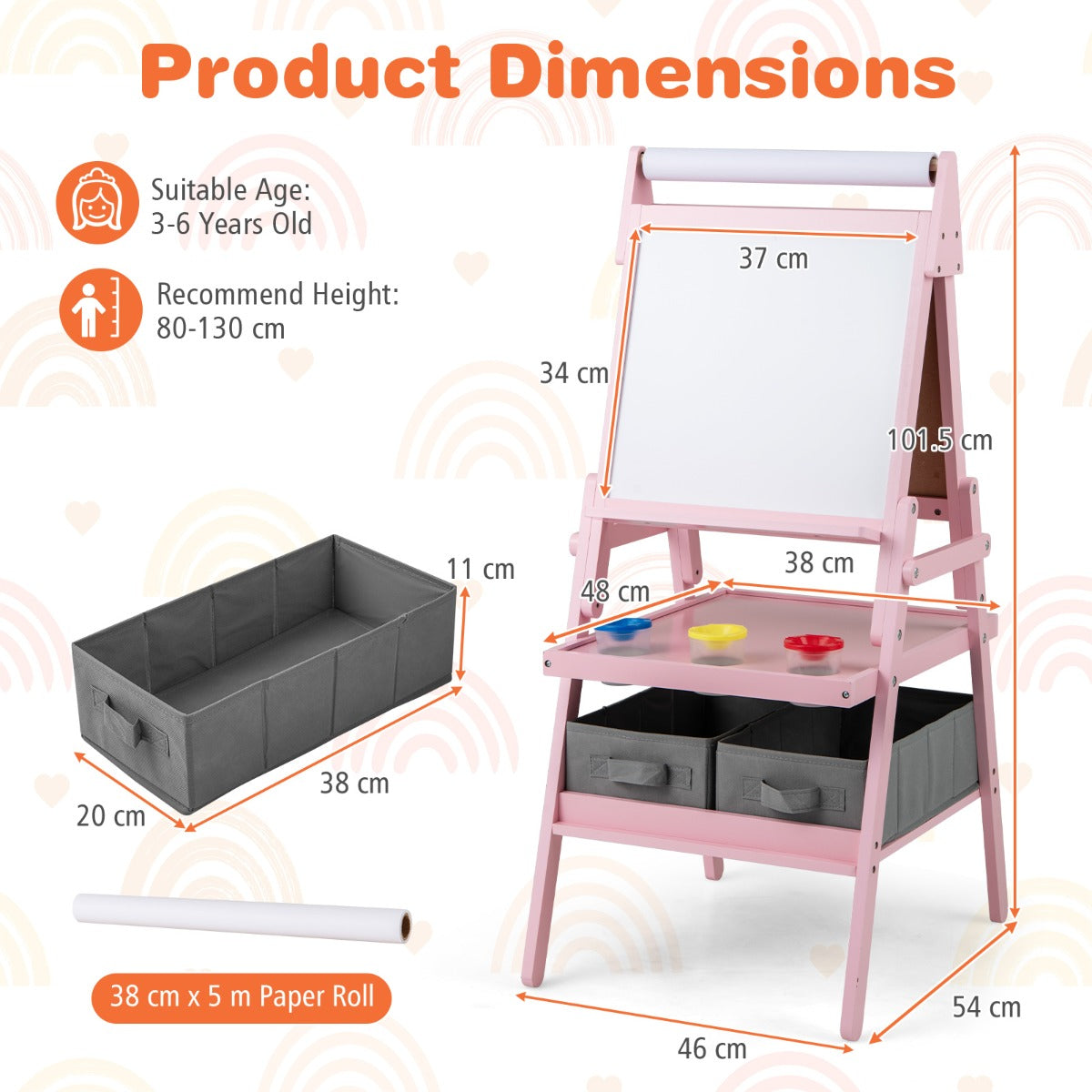 LIVSK 3-in-1 Kinder-ezel met Schoolbord en Whiteboard - Inclusief Opbergbakken en Papierrol - Voor 3-6 jaar - Wit/Roze