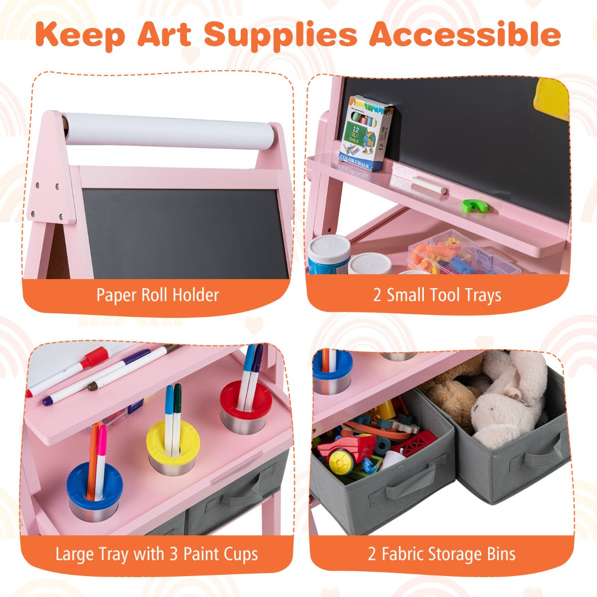 LIVSK 3-in-1 Kinder-ezel met Schoolbord en Whiteboard - Inclusief Opbergbakken en Papierrol - Voor 3-6 jaar - Wit/Roze