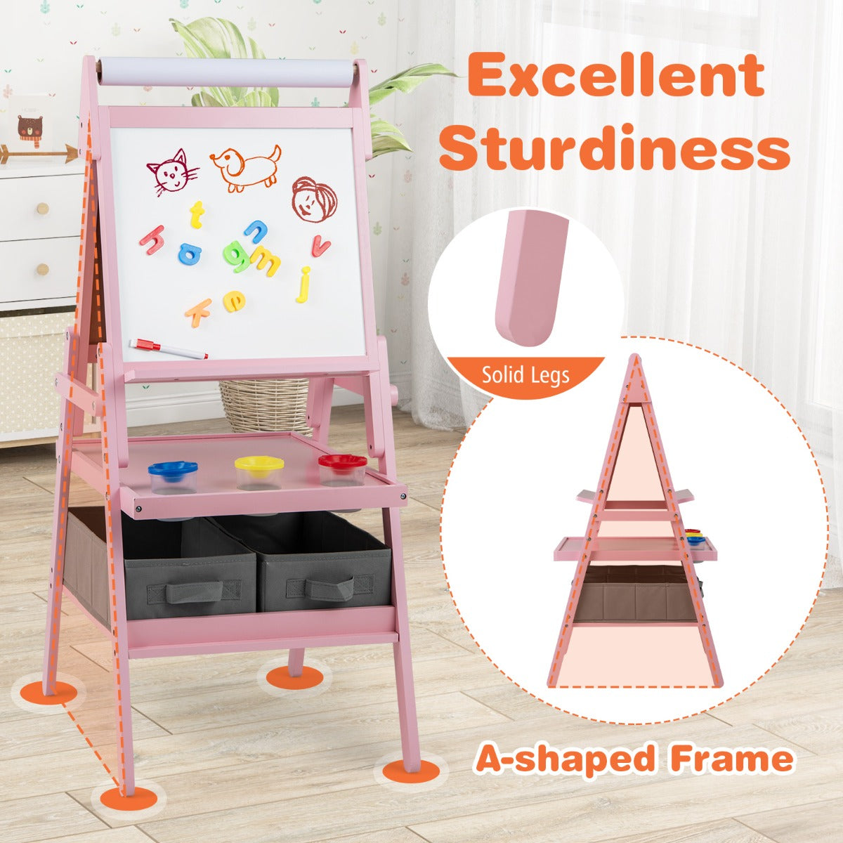 LIVSK 3-in-1 Kinder-ezel met Schoolbord en Whiteboard - Inclusief Opbergbakken en Papierrol - Voor 3-6 jaar - Wit/Roze