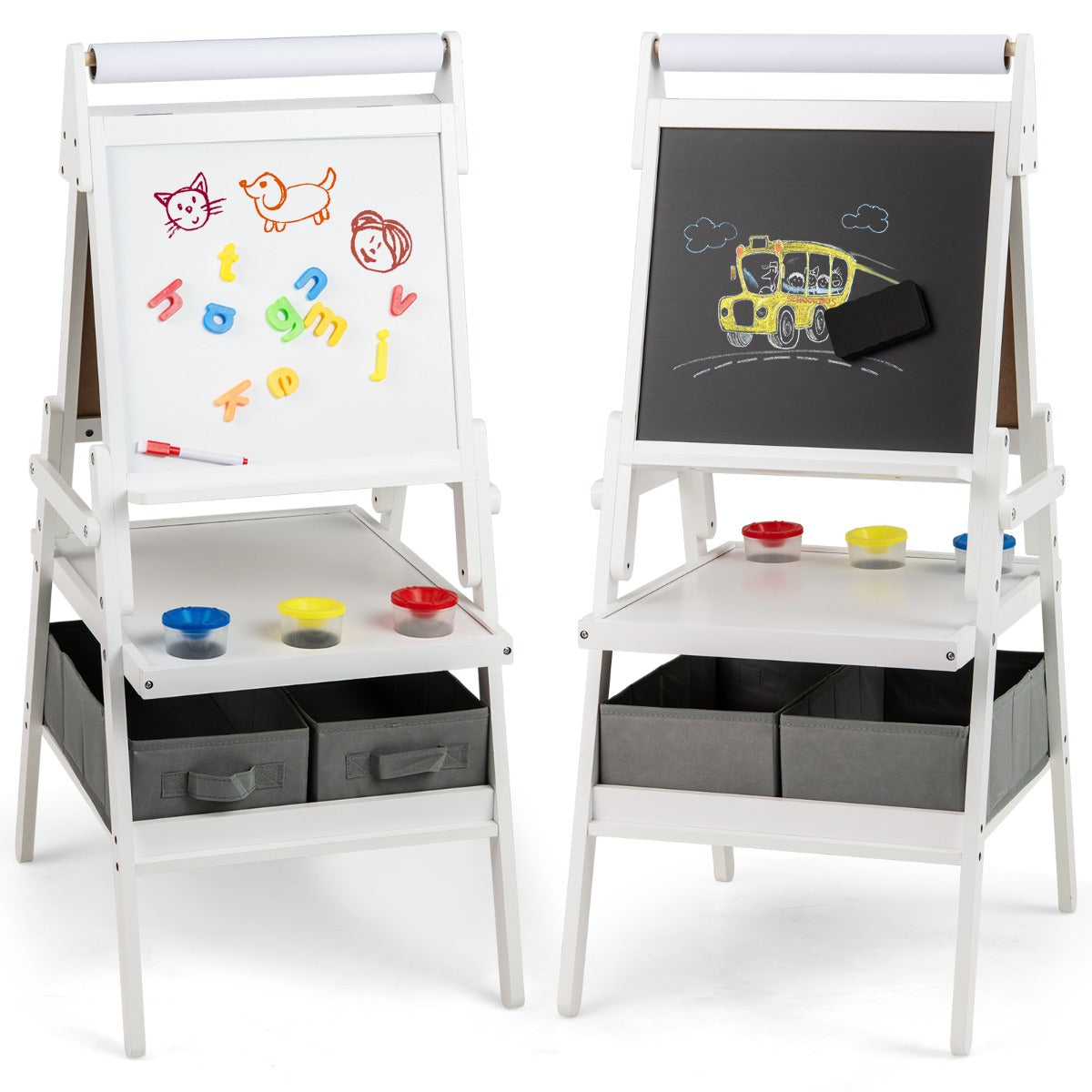 LIVSK 3-in-1 Dubbelzijdige Kinder Ezel - Magnetisch Schoolbord en Whiteboard - Vervangbare Papierrol - Inclusief Opbergbakken -