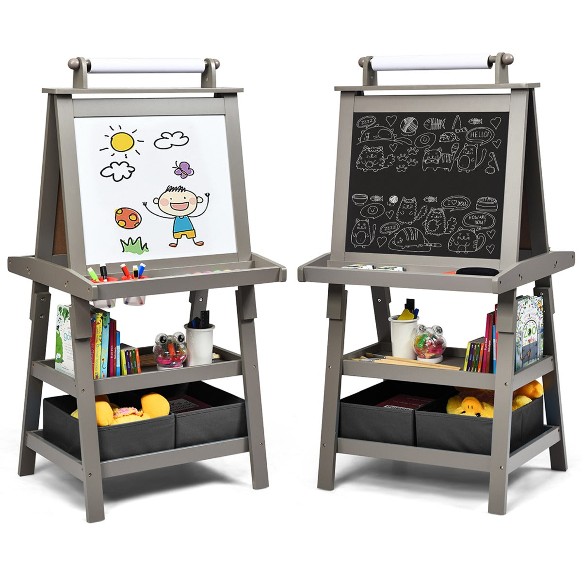 LIVSK 3-in-1 Kinderezel met Whiteboard en Krijtbord - Papierrolhouder - Royale Opbergruimte - Veilig MDF - Grijs