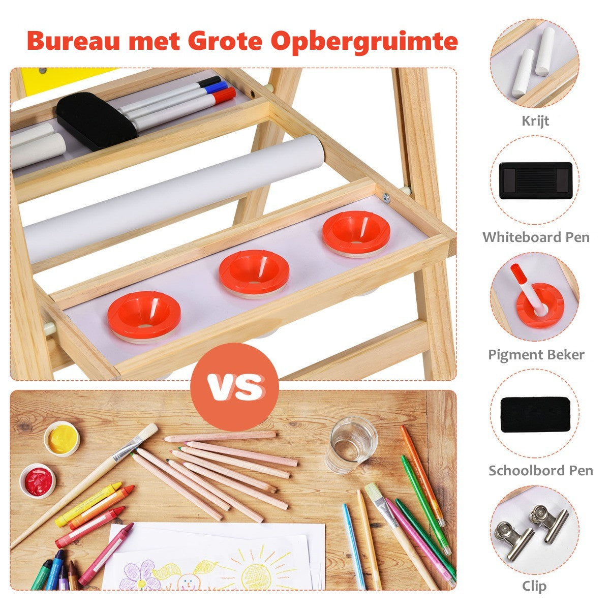 LIVSK Verstelbare Kinderezel - 3-in-1 Whiteboard, Schoolbord, Papierrol - Inclusief Accessoires - Hoogte 79-104 cm - Natuur + Geel