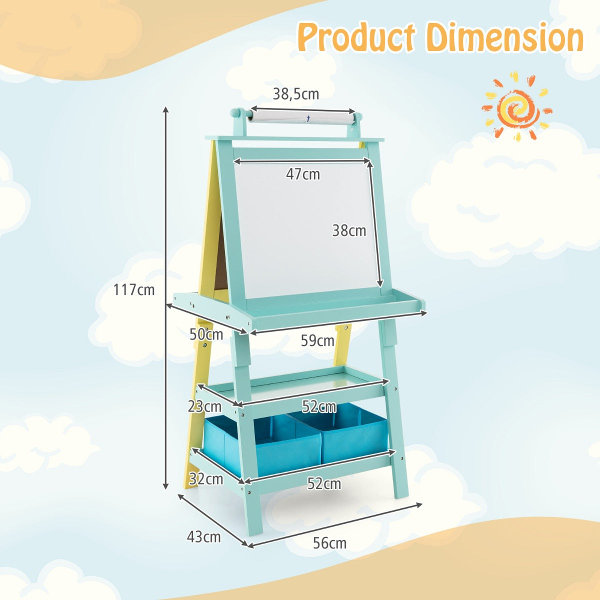 LIVSK 3-in-1 Schildersezel - Dubbelzijdig Whiteboard & Krijtbord - Opbergdozen - Veilig en Stabiel - 59 x 50 x 117 cm - Blauw +