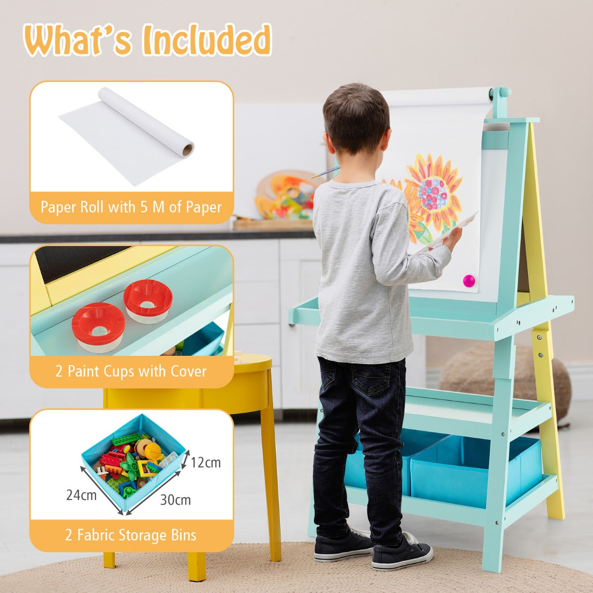 LIVSK 3-in-1 Schildersezel - Dubbelzijdig Whiteboard & Krijtbord - Opbergdozen - Veilig en Stabiel - 59 x 50 x 117 cm - Blauw +
