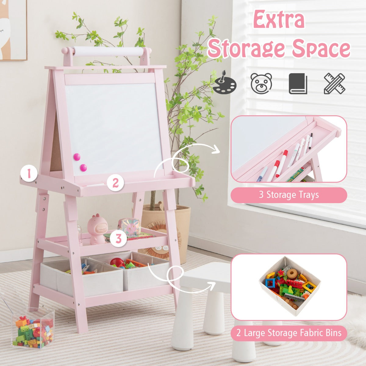 LIVSK 3-in-1 Schildersezel - Dubbelzijdig Whiteboard & Krijtbord - Inclusief Papierrol en Opbergruimte - Voor Kinderen - Roze
