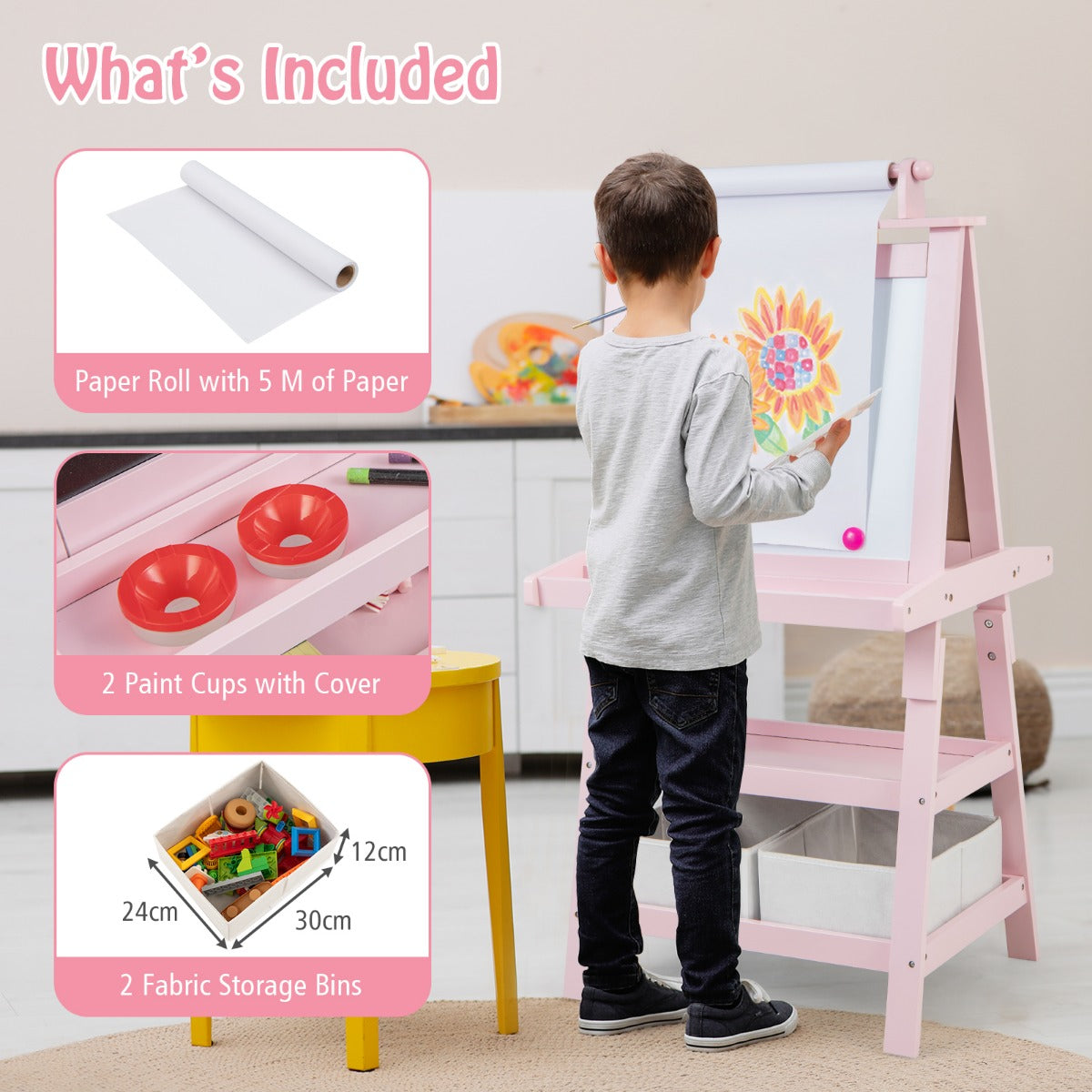 LIVSK 3-in-1 Schildersezel - Dubbelzijdig Whiteboard & Krijtbord - Inclusief Papierrol en Opbergruimte - Voor Kinderen - Roze