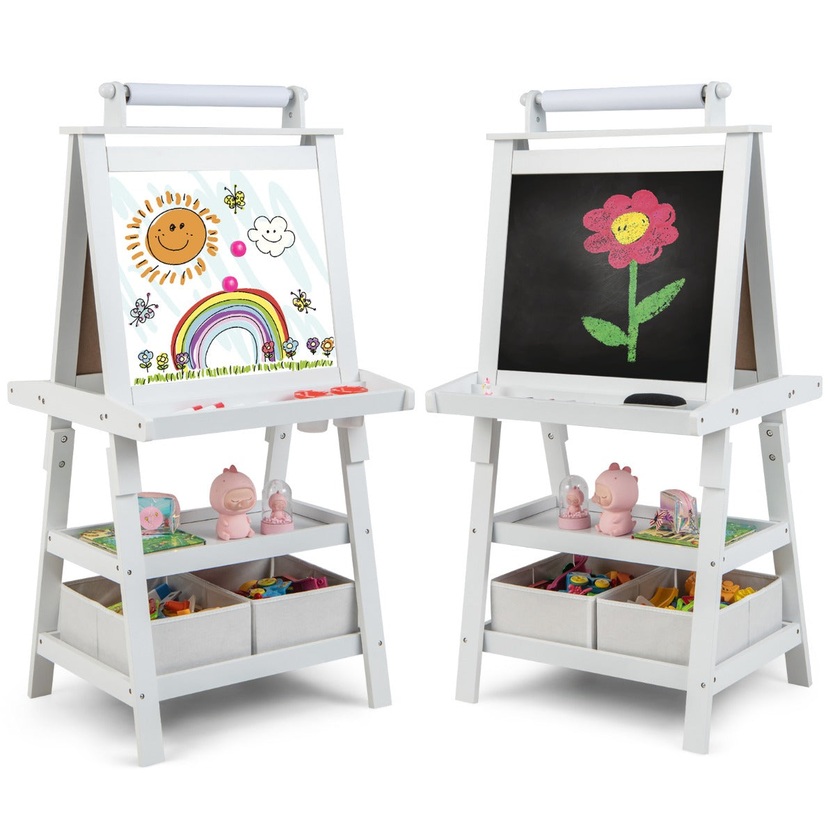 LIVSK 3-in-1 Schildersezel - Dubbelzijdig met Whiteboard, Krijtbord & Papierrol - Inclusief Opbergruimte - Beige