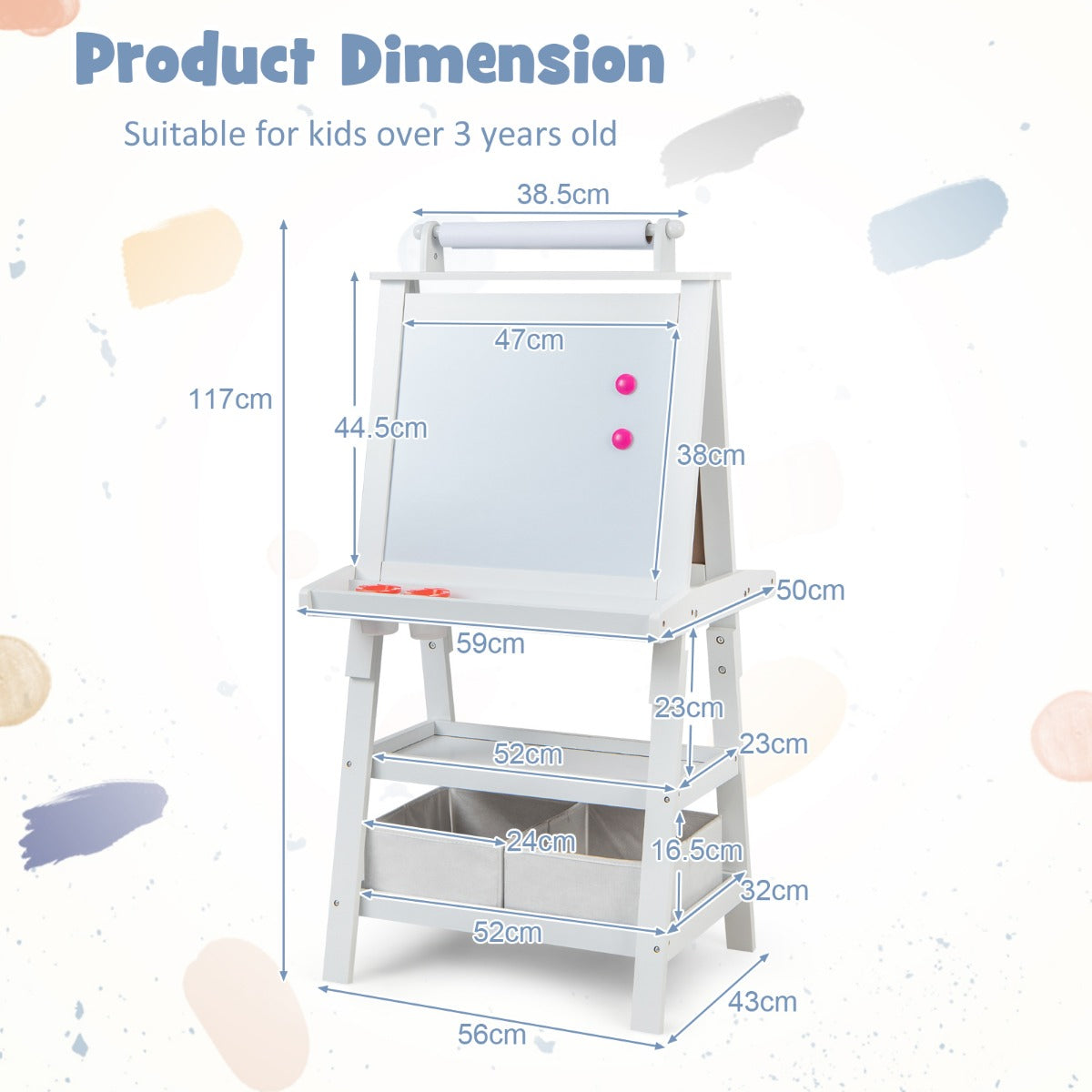 LIVSK 3-in-1 Schildersezel - Dubbelzijdig met Whiteboard, Krijtbord & Papierrol - Inclusief Opbergruimte - Beige