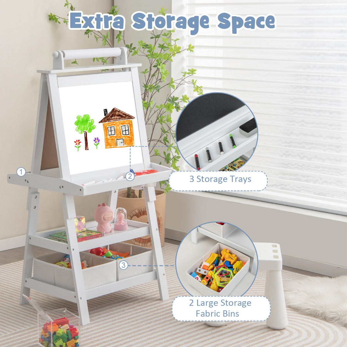 LIVSK 3-in-1 Schildersezel - Dubbelzijdig met Whiteboard, Krijtbord & Papierrol - Inclusief Opbergruimte - Beige