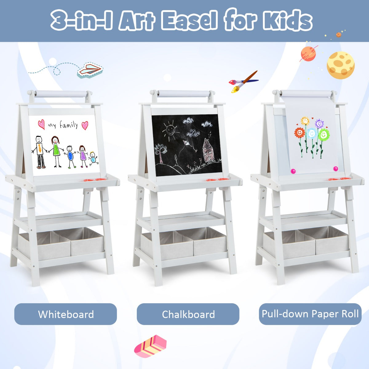 LIVSK 3-in-1 Schildersezel - Dubbelzijdig met Whiteboard, Krijtbord & Papierrol - Inclusief Opbergruimte - Beige