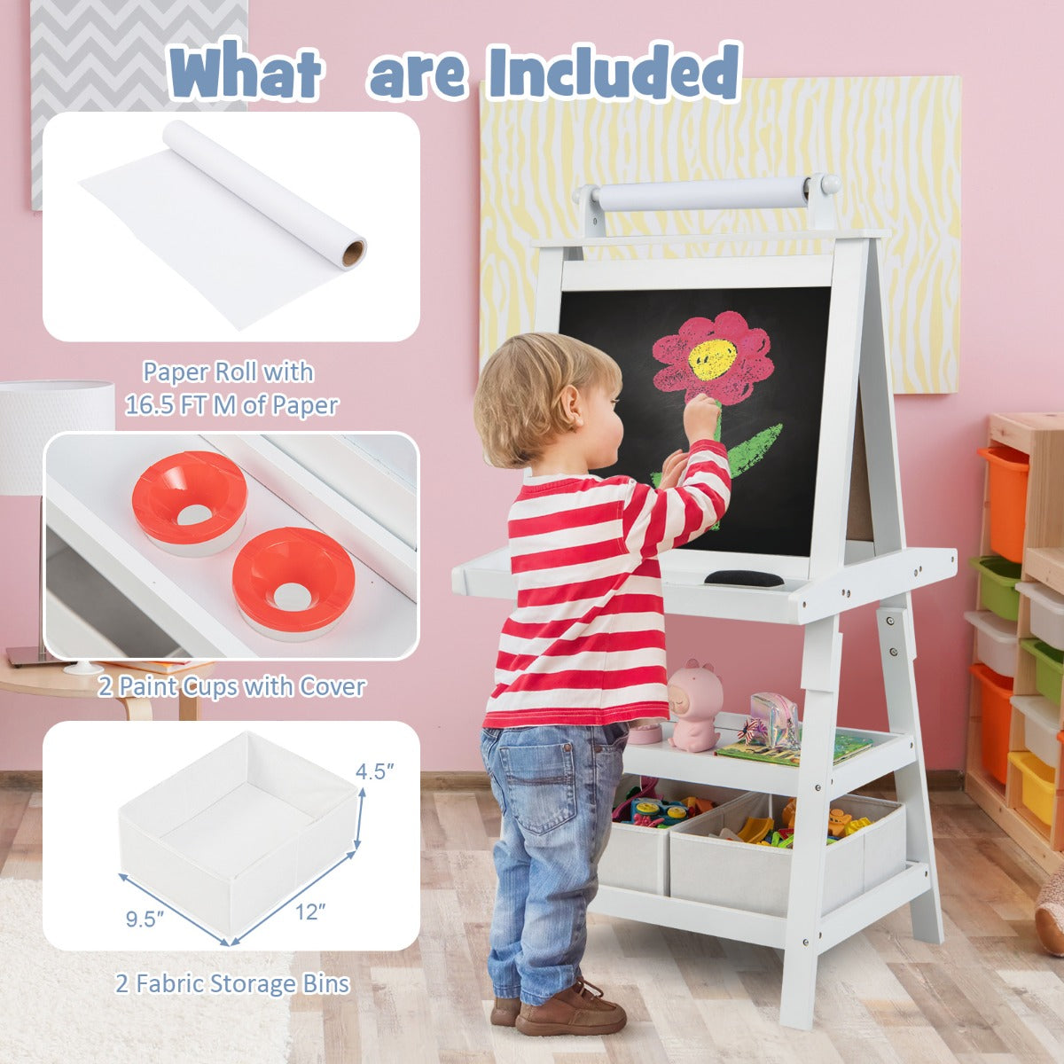 LIVSK 3-in-1 Schildersezel - Dubbelzijdig met Whiteboard, Krijtbord & Papierrol - Inclusief Opbergruimte - Beige