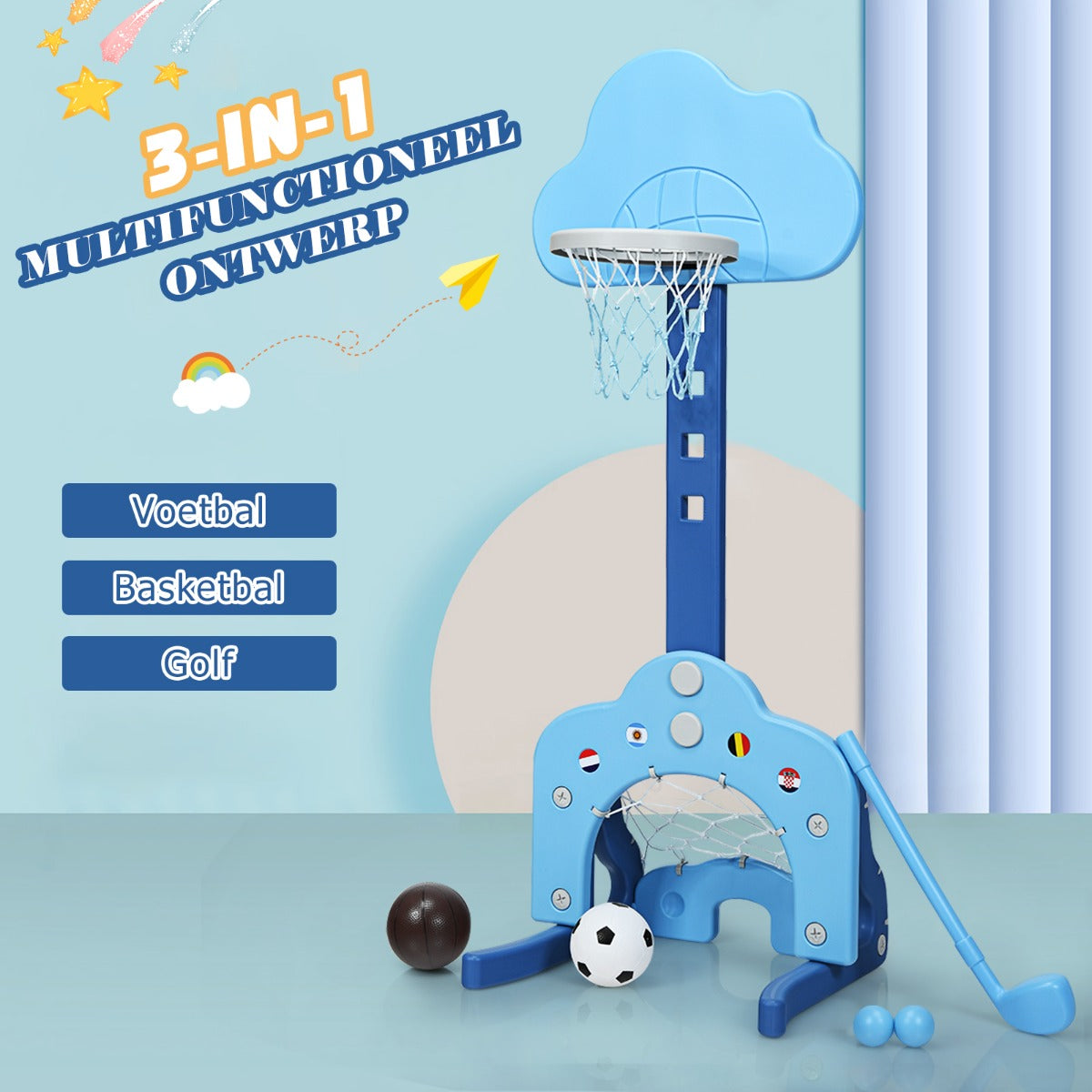 LIVSK 3-in-1 Basketbalset voor Kinderen - Verstelbare Hoogte 77-116 cm - Inclusief Voetbal en Golfclub - Veilig en Stabiel -