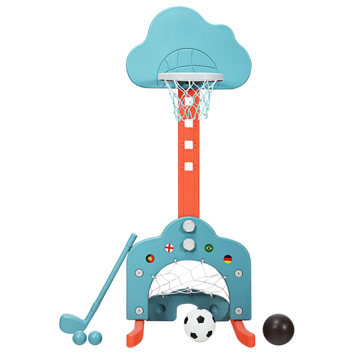 LIVSK 3-in-1 Kinderspeelplaats - Verstelbare Basketbalring 77-116 cm - Inclusief Ballen en Golfclub - Veilig en Stabiel - Groen