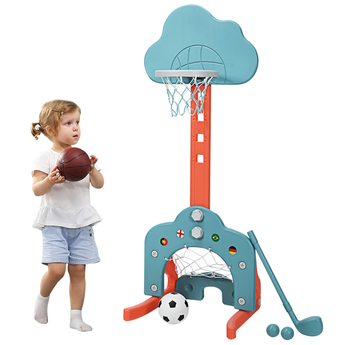 LIVSK 3-in-1 Kinderspeelplaats - Verstelbare Basketbalring 77-116 cm - Inclusief Ballen en Golfclub - Veilig en Stabiel - Groen