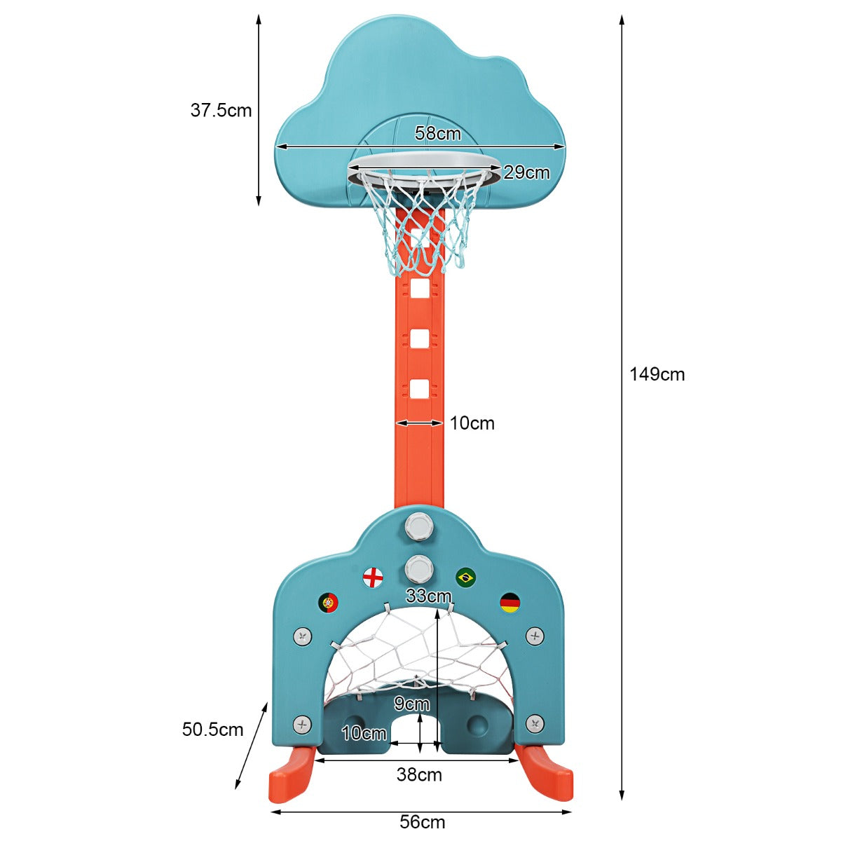 LIVSK 3-in-1 Kinderspeelplaats - Verstelbare Basketbalring 77-116 cm - Inclusief Ballen en Golfclub - Veilig en Stabiel - Groen