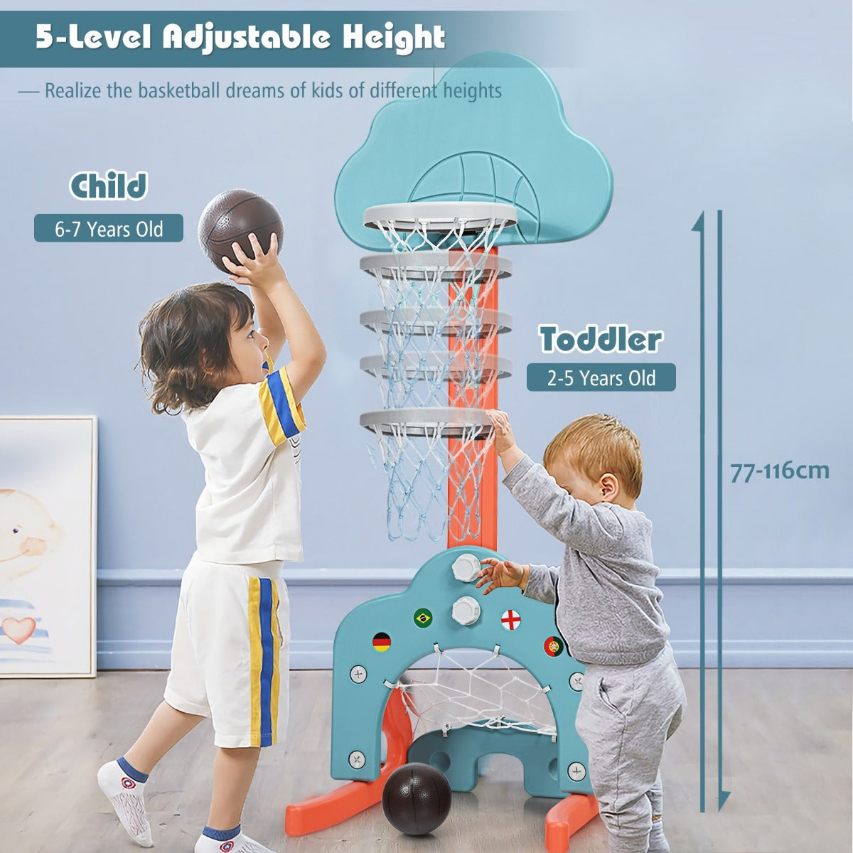 LIVSK 3-in-1 Kinderspeelplaats - Verstelbare Basketbalring 77-116 cm - Inclusief Ballen en Golfclub - Veilig en Stabiel - Groen