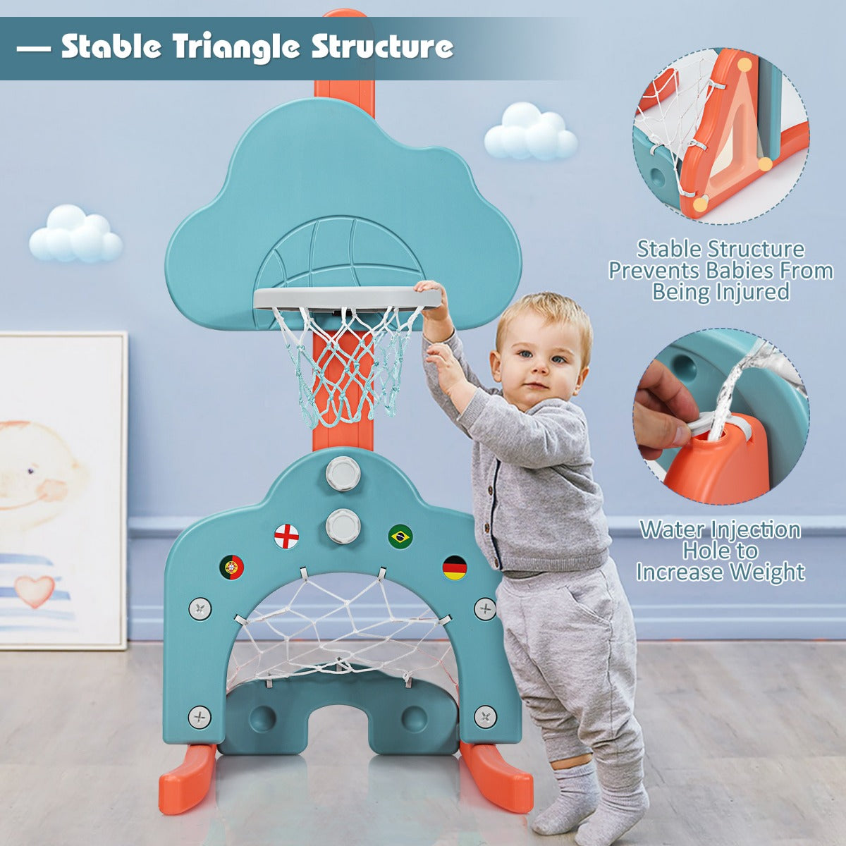 LIVSK 3-in-1 Kinderspeelplaats - Verstelbare Basketbalring 77-116 cm - Inclusief Ballen en Golfclub - Veilig en Stabiel - Groen