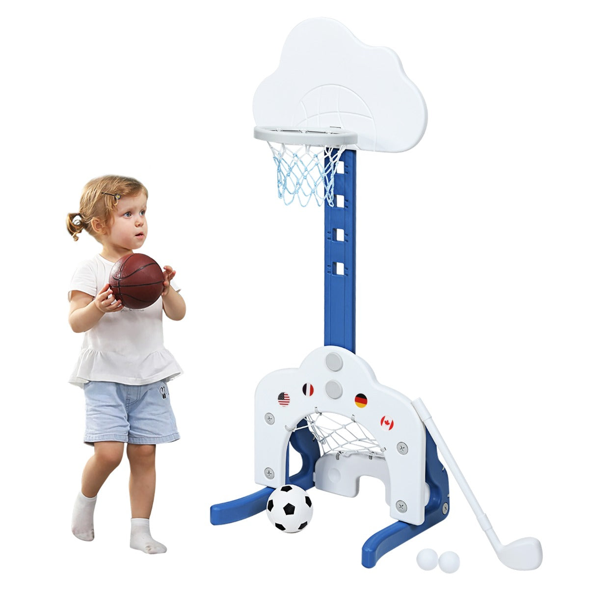 LIVSK 3-in-1 Kinderspeelplaats - Verstelbare Hoogtes van 77 tot 116 cm - Golf, Basketbal en Voetbal - Voor Kinderen 2-7 Jaar -