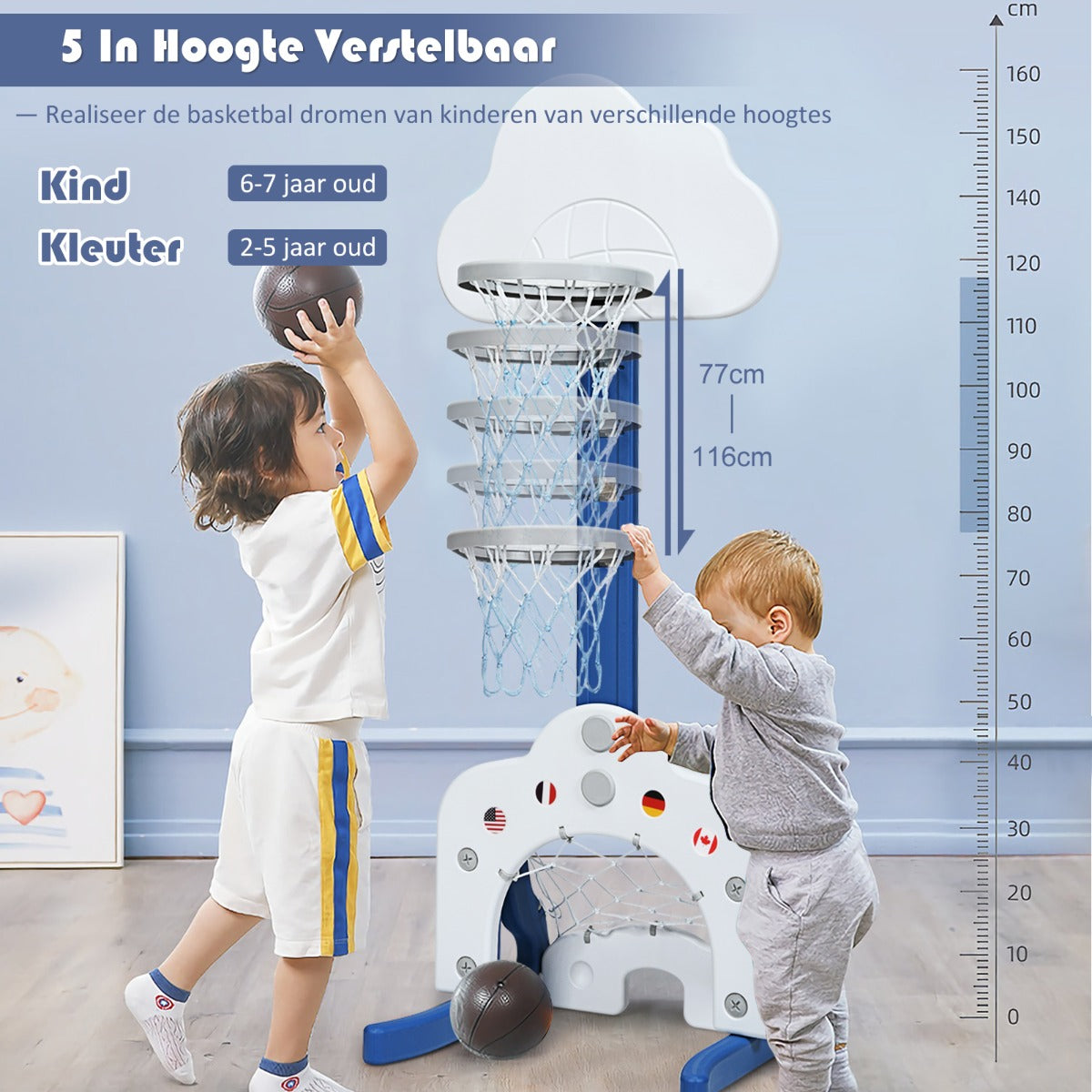 LIVSK 3-in-1 Kinderspeelplaats - Verstelbare Hoogtes van 77 tot 116 cm - Golf, Basketbal en Voetbal - Voor Kinderen 2-7 Jaar -