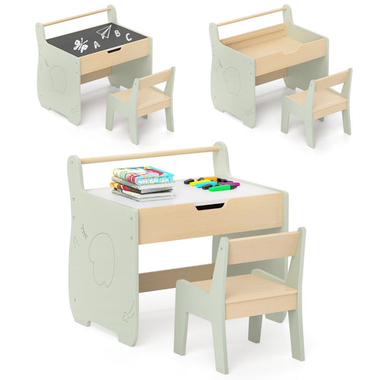 LIVSK 3-in-1 Kindertafel- en Stoelenset - Omkeerbaar Tafelblad - Ingebouwde Opbergruimte - Papierrollenhouder - Groen