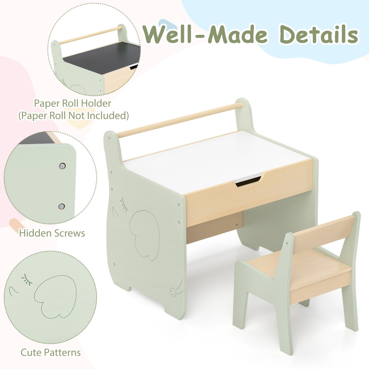 LIVSK 3-in-1 Kindertafel- en Stoelenset - Omkeerbaar Tafelblad - Ingebouwde Opbergruimte - Papierrollenhouder - Groen