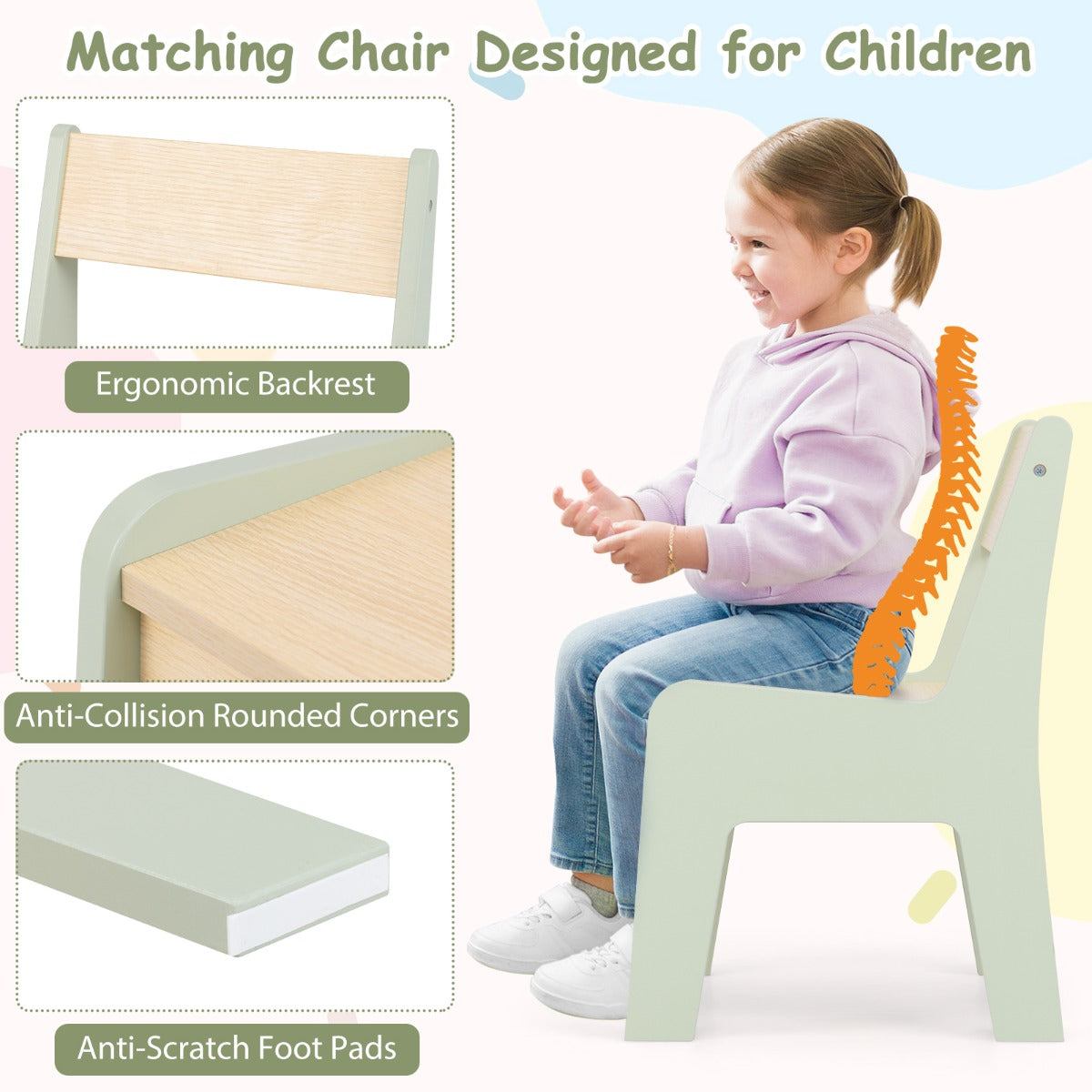LIVSK 3-in-1 Kindertafel- en Stoelenset - Omkeerbaar Tafelblad - Ingebouwde Opbergruimte - Papierrollenhouder - Groen