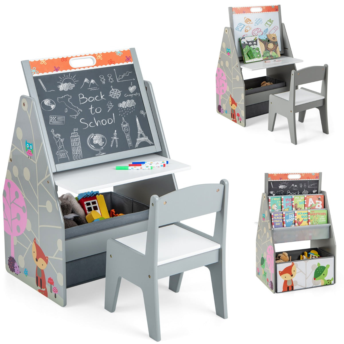 LIVSK Kinderkunstschildersezel - Dubbelzijdig Magnetisch Bord en Whiteboard - Tafel- en Stoelset - Opbergorganizer - Grijs