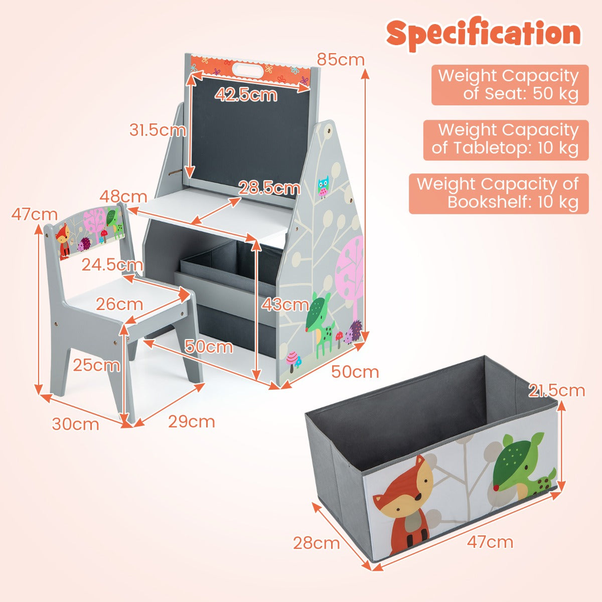 LIVSK Kinderkunstschildersezel - Dubbelzijdig Magnetisch Bord en Whiteboard - Tafel- en Stoelset - Opbergorganizer - Grijs