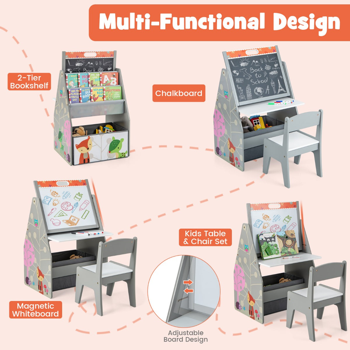 LIVSK Kinderkunstschildersezel - Dubbelzijdig Magnetisch Bord en Whiteboard - Tafel- en Stoelset - Opbergorganizer - Grijs