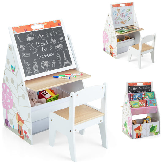 LIVSK 3-in-1 Kindertafel en Schildersezel - Dubbelzijdig Magnetisch Bord - Opbergorganizer met Boekenkast - Wit