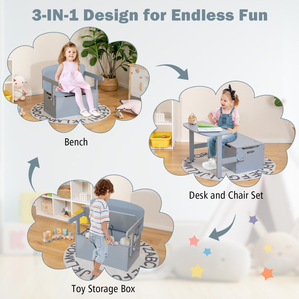 LIVSK 3-in-1 Activiteitenset voor Kinderen - Tafel en Stoel met Opbergruimte - Veilig en Duurzaam - 54,5 x 31 x 21 cm - Grijs
