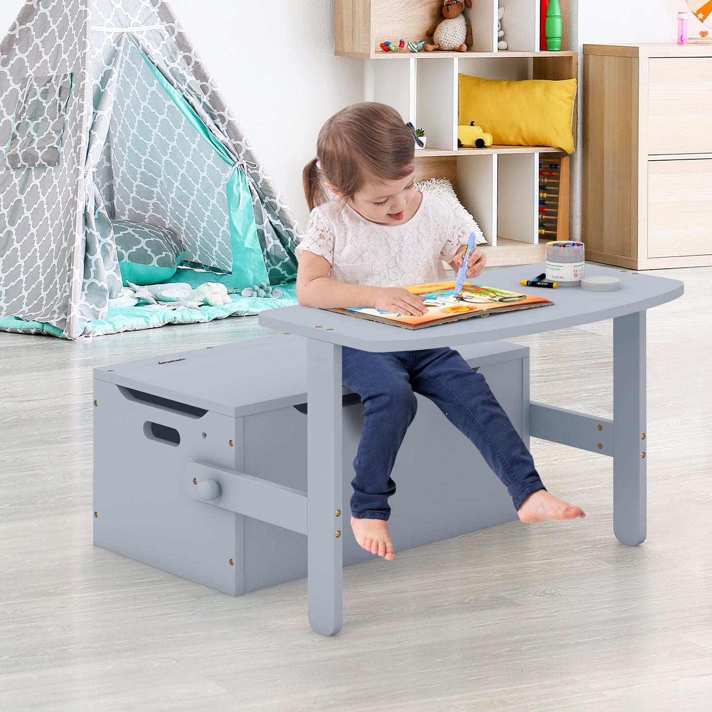 LIVSK 3-in-1 Activiteitenset voor Kinderen - Tafel en Stoel met Opbergruimte - Veilig en Duurzaam - 54,5 x 31 x 21 cm - Grijs