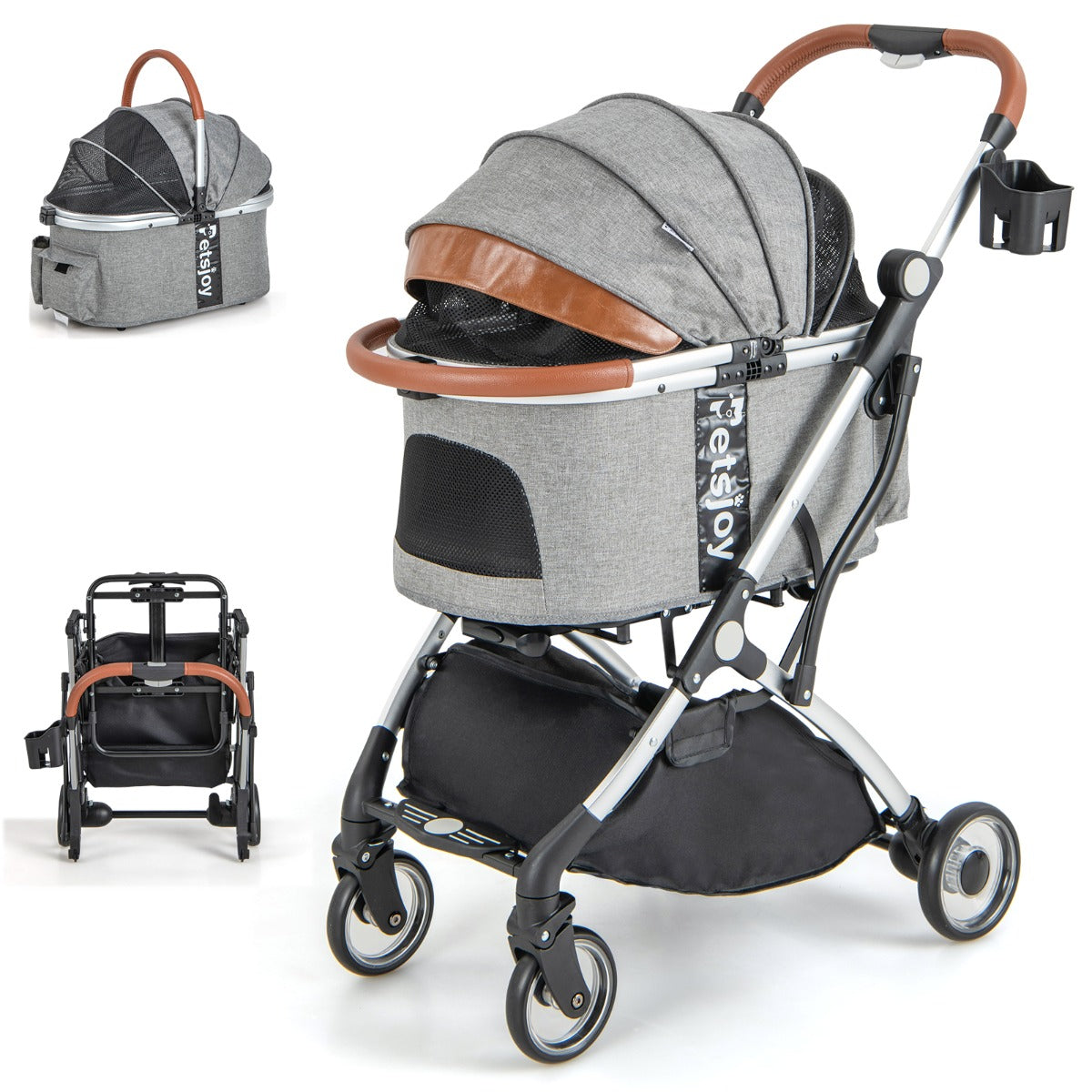 LIVSK 3-in-1 Kinderwagen voor Huisdieren - Inklapbaar - Waterdichte Hoes - Verstelbaar Zonnescherm - Tot 15 kg - Grijs