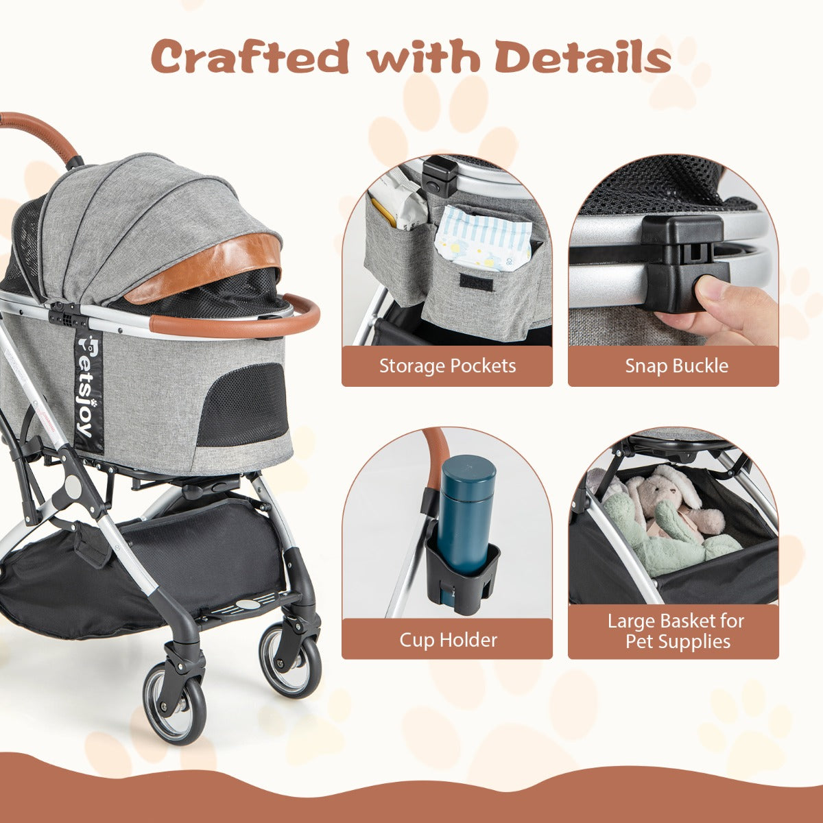 LIVSK 3-in-1 Kinderwagen voor Huisdieren - Inklapbaar - Waterdichte Hoes - Verstelbaar Zonnescherm - Tot 15 kg - Grijs