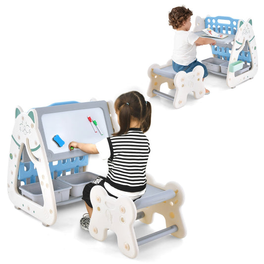 LIVSK 3-in-1 Kinderkunst Ezel - Boekenstandaard en Droog Wisbord - In hoogte verstelbare Kruk - Veilig PE-materiaal - Grijs +