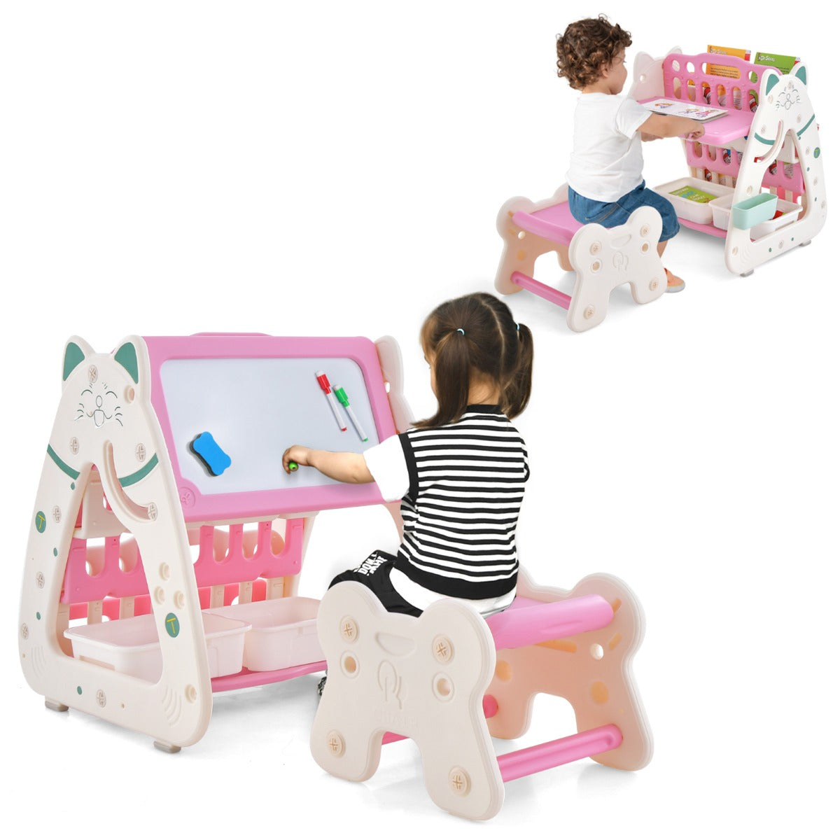 LIVSK 3-in-1 Kinderkunst Schildersezel - Boekenstandaard, Bureau, Schilderbord - Ergonomische Kruk - Inclusief Stiften - Roze +