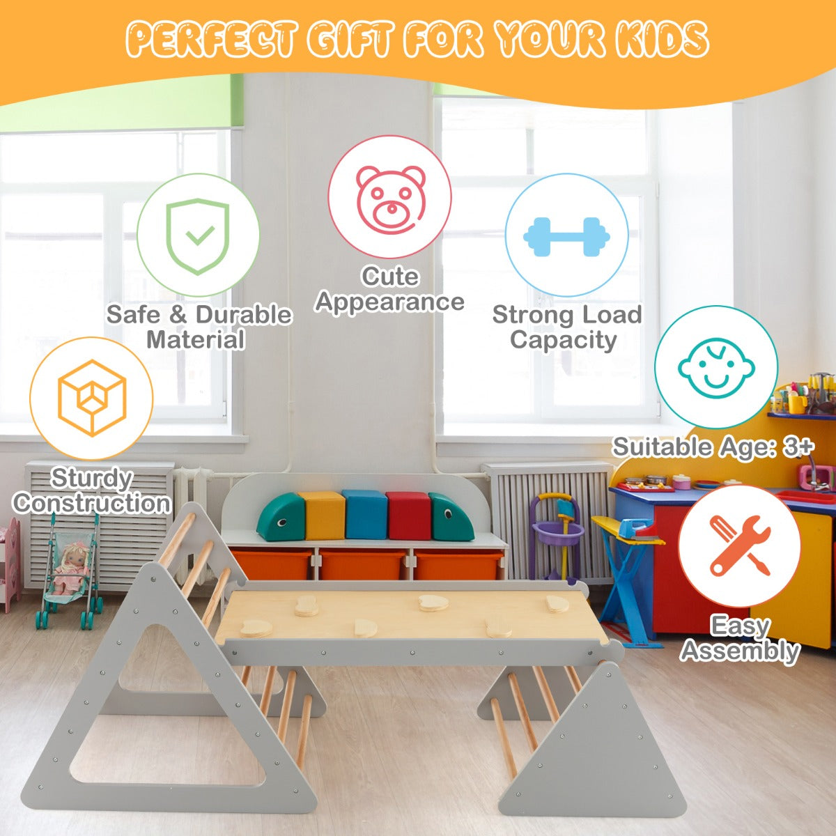 LIVSK 3-in-1 Klimset - 2 Driehoekige Ladders en Klimhelling - Stimuleert Motoriek - Veilig Houten Constructie - Tot 60 kg - Natuur