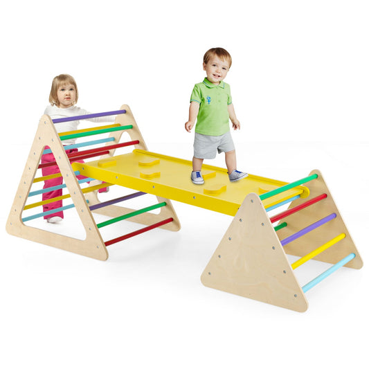 LIVSK 3-in-1 Klimspellen Set - 2 Driehoekige Ladders en Hellingbaan - Massief Hout - Kindvriendelijke Verf - Veilig Speelplezier