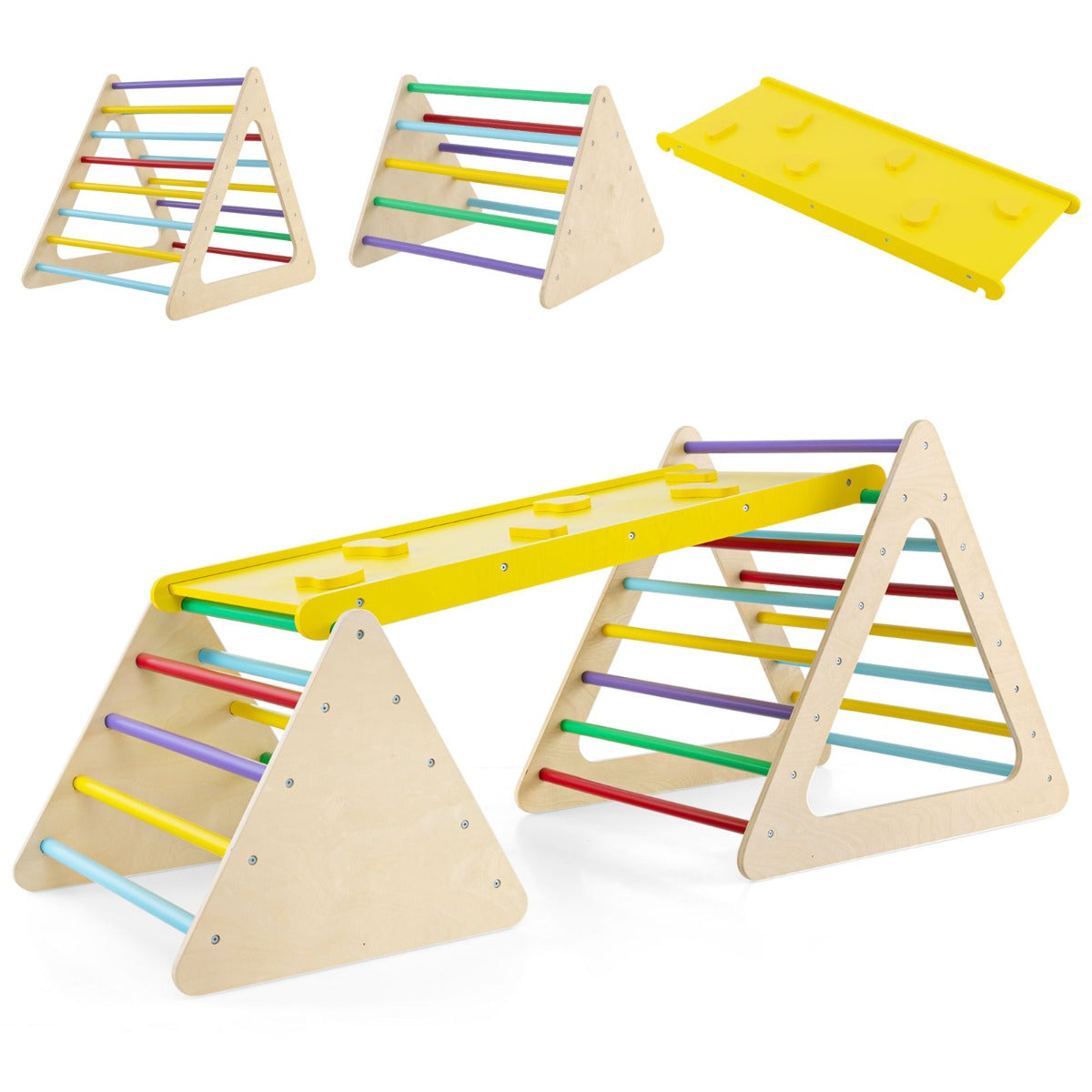LIVSK 3-in-1 Klimspellen Set - 2 Driehoekige Ladders en Hellingbaan - Massief Hout - Kindvriendelijke Verf - Veilig Speelplezier