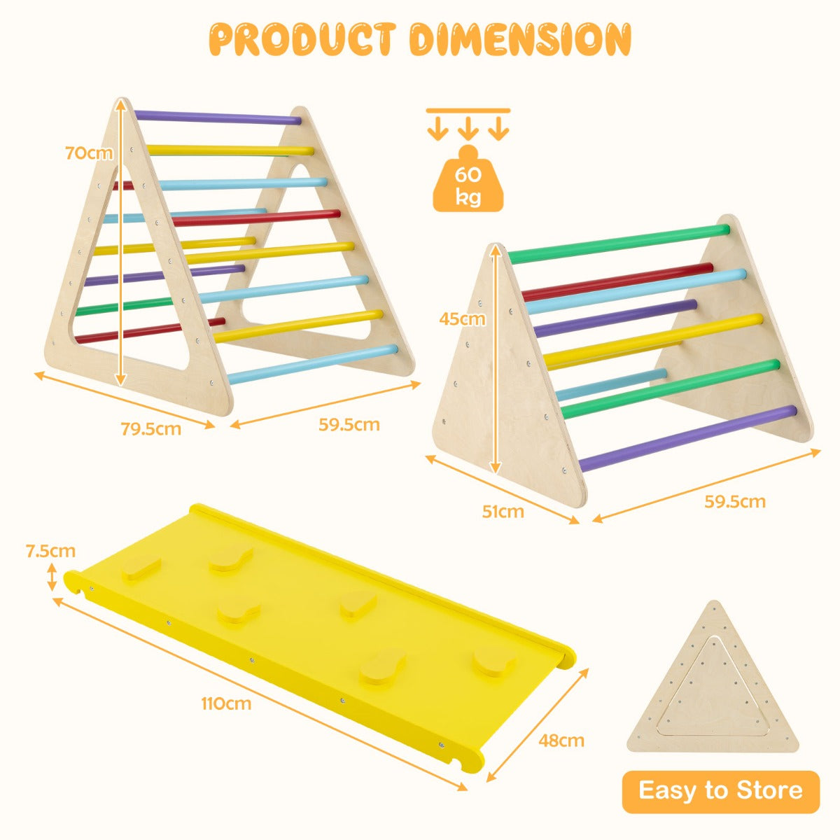 LIVSK 3-in-1 Klimspellen Set - 2 Driehoekige Ladders en Hellingbaan - Massief Hout - Kindvriendelijke Verf - Veilig Speelplezier