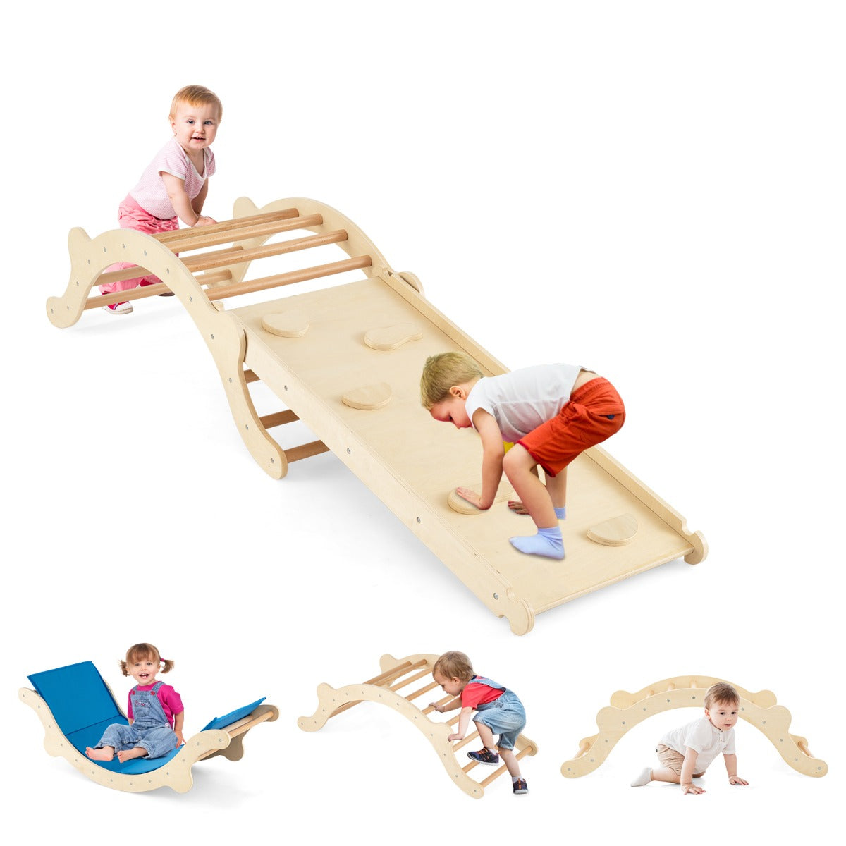 LIVSK 3-in-1 Klimset - Speelgoed voor Kinderen - Veilig en Duurzaam Hout - Tot 60 kg - Inclusief Mat - 116 x 50 x 39 cm - Naturel