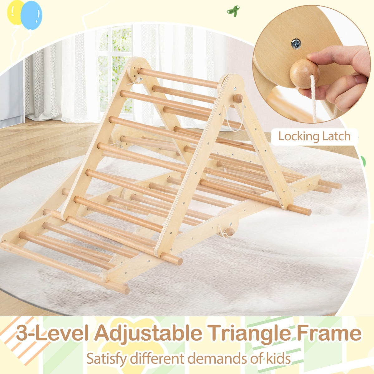 LIVSK 3-in-1 Klimrek voor Binnen - Verstelbare Klimdriehoek met Helling en Klimblokken - Hoogwaardig Hout - 115 x 69 x 59 cm -