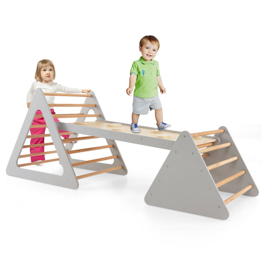 LIVSK 3-in-1 Klimset voor Kinderen - Dubbelzijdige Helling en Driehoekige Ladders - Veilig Hout - Tot 60 kg - Grijs