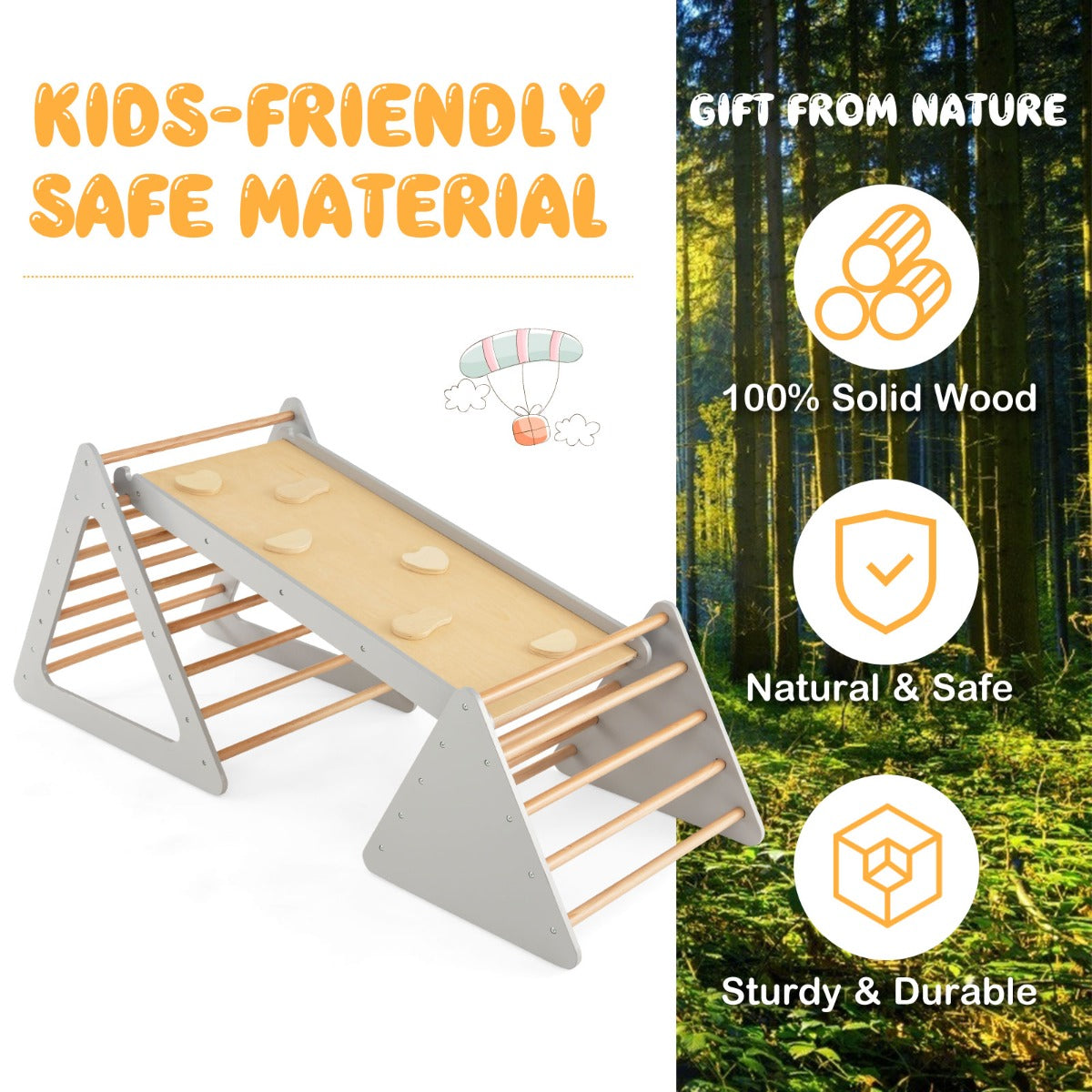 LIVSK 3-in-1 Klimset voor Kinderen - Dubbelzijdige Helling en Driehoekige Ladders - Veilig Hout - Tot 60 kg - Grijs